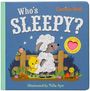 Das Cover zeigt einen Titel "Who's Sleepy?", ein Schaf, gelbes Küken, Zaun, Blumen und stilisierte Insekten darunter.