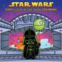 STAR WARS, COZY GLOW-IN-THE-DARK COLORING. Illustration: Mini-Darth Vader mit Ballon, Weltraummotiv im Hintergrund.