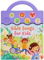 „Bible Songs for Kids“ in fröhlicher Schrift. Kinder spielen Musikinstrumente im Grünen, freudige Stimmung.