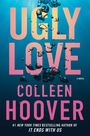 Der Text "UGLY LOVE", "COLLEEN HOOVER". Lufblasen auf blauem Hintergrund, rosa Schrift, modern gestaltet.