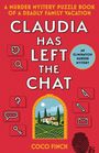 Text: "Claudia Has Left the Chat", "A Murder Mystery Puzzle Book", "Coco Finch". Illustration: Landschaft mit Haus. Symbole: Lupe, Messer.