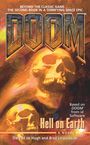 Texte: "DOOM", "Hell on Earth", "A novel by Dafydd ab Hugh and Brad Linaweaver". Hintergrund: Schädel auf orangefarbenem Grund.