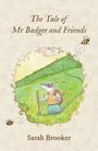 "The Tale of Mr Badger and Friends." Illustration eines Dachses mit Stock auf einer Wiese, umrandet von Bienen und Blumenmustern.