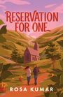 "RESERVATION FOR ONE" und "ROSA KUMAR". Illustration: Zwei Menschen gehen einen Weg entlang in hügeliger Landschaft zu einer Kirche.