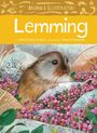 Oben: "Animals Illustrated", "Lemming". Unten: Ein Lemming sitzt in blühenden lila Blumen, Illustration.
