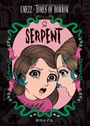 Texte: "Umezz: Tomes of Horror", "Serpent", "Udon". Zwei Mädchen spiegeln Entsetzen, mit Schlangen und gruseligen Händen.