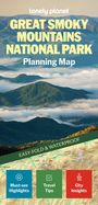 Text: "lonely planet GREAT SMOKY MOUNTAINS NATIONAL PARK Planning Map, EASY-FOLD & WATERPROOF, Must-see Highlights, Travel Tips, City Insights." 

Darstellung: Eine Landschaft mit grünen Hügeln und Nebel.