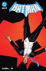"BATMAN", "ALL IN", und "VOL. 3". Eine Illustration eines Mannes in schwarzem Anzug, der kopfüber fällt.