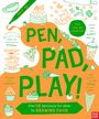"Pen, Pad, Play!" in großen grünen Buchstaben. Illustrationen von Essen und Zeichengeräten umrahmen den Text.