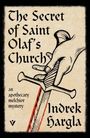 "The Secret of Saint Olaf's Church" und "Indrek Hargla" sind in mittelalterlicher Schrift zu sehen, mit einem Schwertmotiv.