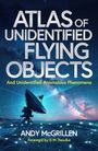 "Atlas of Unidentified Flying Objects" mit gelben, leuchtenden Formen über einer dunklen Weltkarte.
