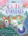 „CUTE ANIMALS“ in großen bunten Buchstaben. Illustration: Tiere im Wald, ein Reh, ein Lamm, ein Hund und andere kleine Tiere.
