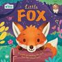 „Little FOX“ oben, „Discover an amazing life cycle from the natural world.“ unten. Ein Fuchs schaut über einen Baumstamm, umgeben von Waldtieren und Pflanzen.
