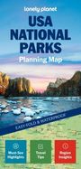 "USA NATIONAL PARKS Planning Map. EASY-FOLD & WATERPROOF. Naturkulisse mit Fluss und Bergen im Hintergrund. Drei Icons unten."