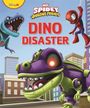 Text: Spidey and His Amazing Friends, Dino Disaster. Illustration: Ein lila-grüner Roboter-Dino in einer Stadt mit Spidey.