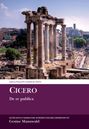 "Cicero: De re publica" erscheint über einem römischen Tempel mit Säulen, umgeben von antiken Ruinen unter blauem Himmel.