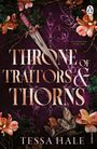 "Throne of Traitors & Thorns" von Tessa Hale, Buch 2 "Bloodbound". Schwert, Blumen und Schmuckelemente vor violettem Hintergrund.