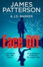 "Face Off", "A hitman on the run", "A surgeon forced to save him". Schatten eines Mannes und zerbrochenes Glas.