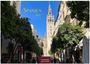Text: "Spanien 2027", "CASARES EDITION". Eine belebte Straße mit Bäumen führt zu einem großen, historischen Turm.