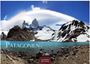 „Patagonien 2027 CASAES EDITION“. Schneebedeckte Berge, darunter ein klarer Bergsee unter einem blauen Himmel mit Wolken.