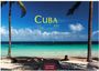 Text: "CUBA 2027". Ein Strand mit türkisblauem Wasser, Palmen und blauem Himmel.