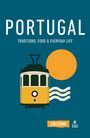 "PORTUGAL: Traditions, Food & Everyday Life." Illustration einer gelben Straßenbahn, Sonne und Wellen auf blauem Grund. CULTURE.