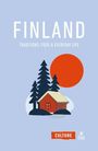 "FINLAND" oben, darunter "TRADITIONS, FOOD & EVERYDAY LIFE". Illustration zeigt eine rote Hütte, Tannenbäume und roten Kreis.