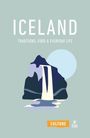 „ICELAND: TRADITIONS, FOOD & EVERYDAY LIFE“. Illustration eines Berges mit Wasserfall und einem Vollmond.
