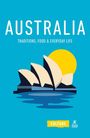 AUSTRALIA. TRADITIONS, FOOD & EVERYDAY LIFE. Eine stilisierte Oper von Sydney vor einem gelben Kreis, „CULTURE“.