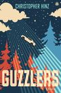 „CHRISTOPHER HINZ“, „GUZZLERS“, „A NOVEL“. Illustration: Auto fliegt durch einen abstrakten Waldhimmel.