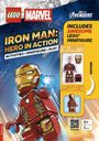 Text: "IRON MAN: HERO IN ACTION", "INCLUDES AWESOME LEGO MINIFIGURE". Illustration eines LEGO Iron Man.