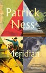 Texte: "Patrick Ness", "Meridian", "An insanely beautiful writer" - Time Magazine. Illustration mit farbigen dreieckigen Segmenten.
