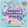 "Around the World Bingo" in großen Buchstaben, umgeben von Wahrzeichen und Flaggen aus verschiedenen Ländern.