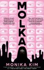 Der Text zeigt "MOLKA", "Monika Kim", Zitate von The New York Times und Kylie Lee Baker; Augenmuster auf rosa Hintergrund.