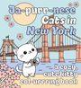 "Ja-purr-nese Cats in New York" und "a cozy, cute kitty col-urrring book." Illustration einer Katze mit Kamera vor einer Brücke.