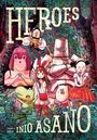 Text: "HEROES", "EXPLICIT CONTENT", "BY INIO ASANO". Illustration: Fantasiefiguren im Wald, lebendige Farben.