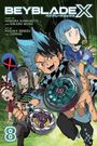 "BEYBLADE X", Charaktere stehen im Vordergrund, einer hat blaues Haar. Sie halten Kreisel in actionreicher Pose.