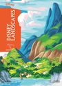 „Disney Landscapes“ steht in großen Buchstaben auf einem orangen Streifen. Illustration: Tropische Insel mit Segelboot.