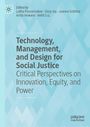 „Technology, Management, and Design for Social Justice“. Blaue geometrische Muster als Hintergrund.