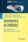 "SPP 2026 Geometry at Infinity. Illustration eines Möbiusbands mit Figuren, Buchcover von Springer."