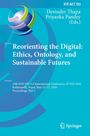 "Reorienting the Digital: Ethics, Ontology, and Sustainable Futures" in Weiß auf Blau. Abstraktes Globus-Logo oben links.