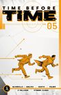 "TIME BEFORE TIME VOL 05." Zwei gezeichnete Personen rennen; orange-weiße, grafische Elemente.