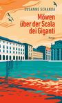 Titel: "Möwen über der Scala dei Giganti". Ockerfarbener Himmel, Vögel fliegen, historisches Gebäude, türkis-rote Wasserfläche.