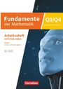"Fundamente der Mathematik Q3/Q4" und "Arbeitsheft mit Erklärvideos". Illustration eines blauen, futuristischen Gesichts.