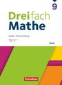 Texte: "Dreifach Mathe", "Baden-Württemberg", "Basis", "Cornelsen". Illustration mit grünen, pinken, und orangefarbenen Flächen.
