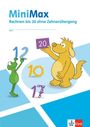 "MiniMax Rechnen bis 20 ohne Zehnerübergang". Frosch und Hund halten Zahlen, farbenfrohe Illustration.