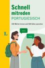 „Schnell mitreden PORTUGIESISCH“ und „100 Wörter lernen und 500 Sätze sprechen.“ Zwei Personen im Gespräch.