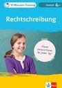 "Rechtschreibung", "Kleine Lernportionen für jeden Tag!", Mädchen mit lila Pullover, Zahnspange, lächelnd, blauer Hintergrund.
