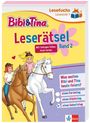 Bibi & Tina Leserätsel Band 2, "Was wollen Bibi und Tina heute feiern?" Zwei Mädchen reiten fröhlich auf Pferden.