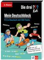 Buchcover mit Texten: „3. Klasse“, „Die drei ??? Kids“, „Mein Deutschblock“, „Fit in Deutsch mit 100 Tests“. Illustration: Drei Kinder auf Skateboards.